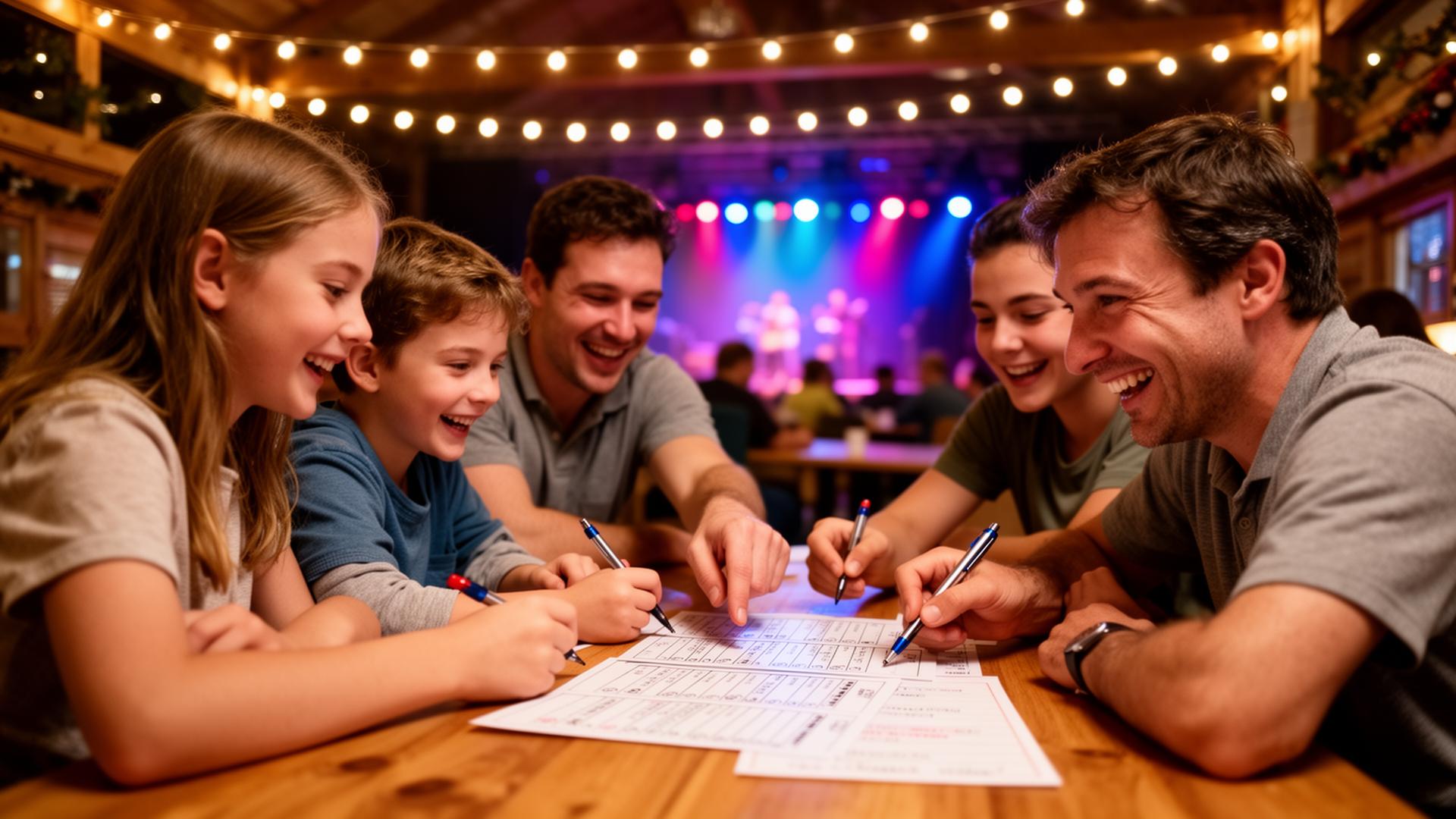 A family team huddled over quiz sheets at a TJ Productions trivia night