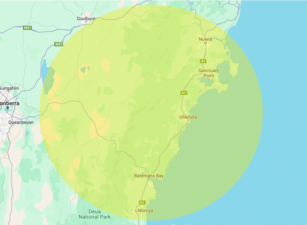 TJ Productions service area map — Wollongong to Eden to Canberra and Beyond, South Coast NSW